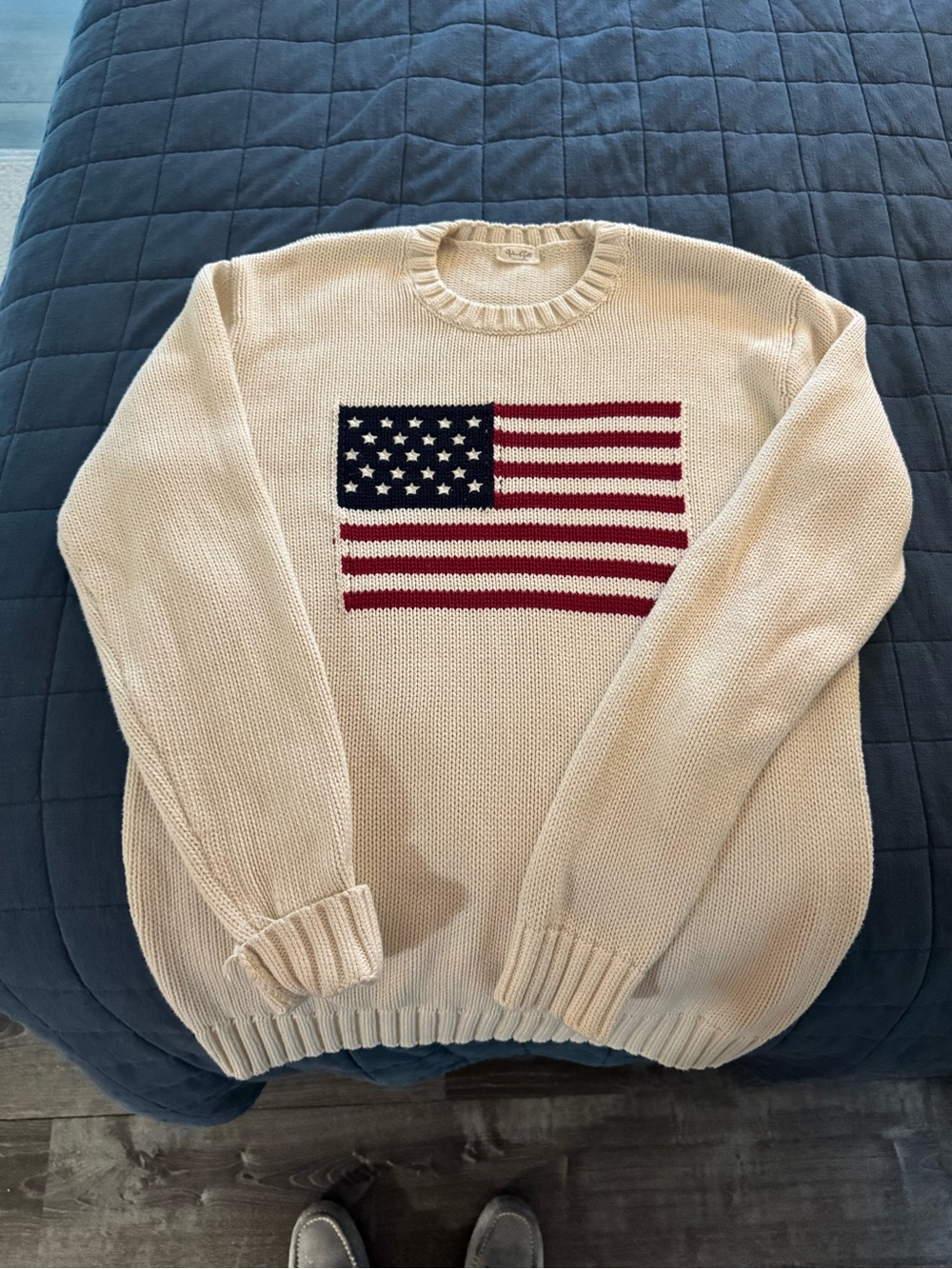 Brandy Melville Cream Crewneck Sweater with Navy & Red Flag Knit